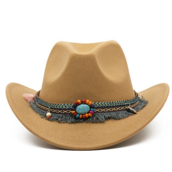 Unisex Western Southern Tan Cowboy Hat Turquoise Tassels Pendants Fringe Accent - Picture 2 of 13